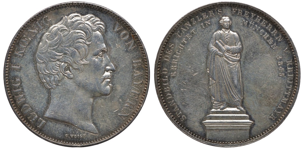 Бавария 2 талера 1845 Людвиг I (1825-1848), Chancellor Baron von Kreittmayr, барон Крейттмайер KM 439, Dav.592 var, AKS 107a, Kahnt 111, Thun 84 var серебро 00-808-31