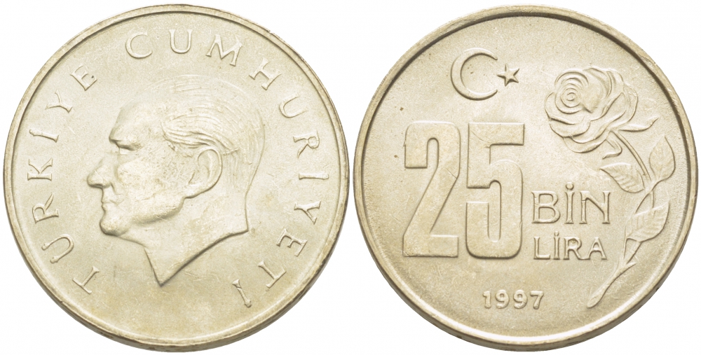 Турция 25000 лир 1997 Мустафа Кемаль Ататюрк KM 1041 медь никель цинк 4402-1055