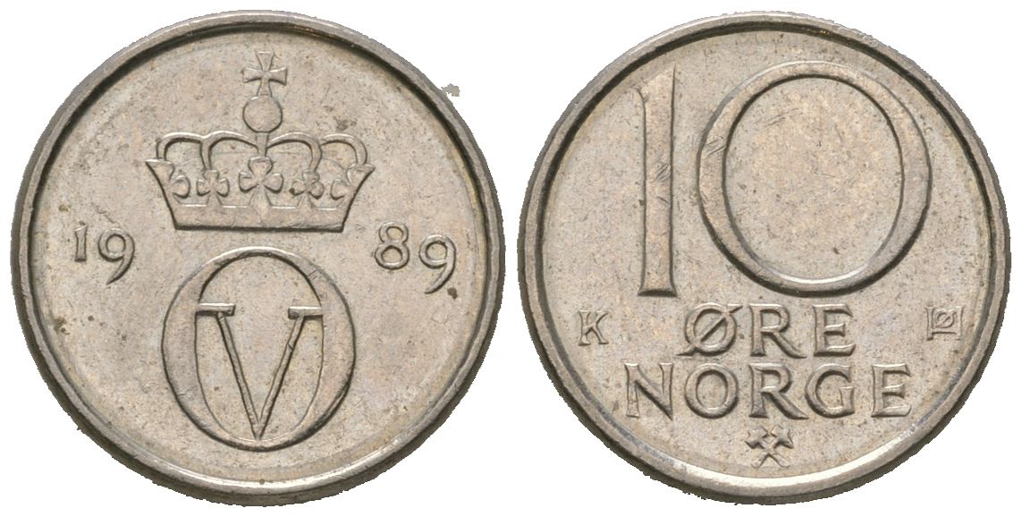 Норвегия 10 эре 1989 Улаф V (1957-1991) KM 416 медно-никель UNC 4621-328