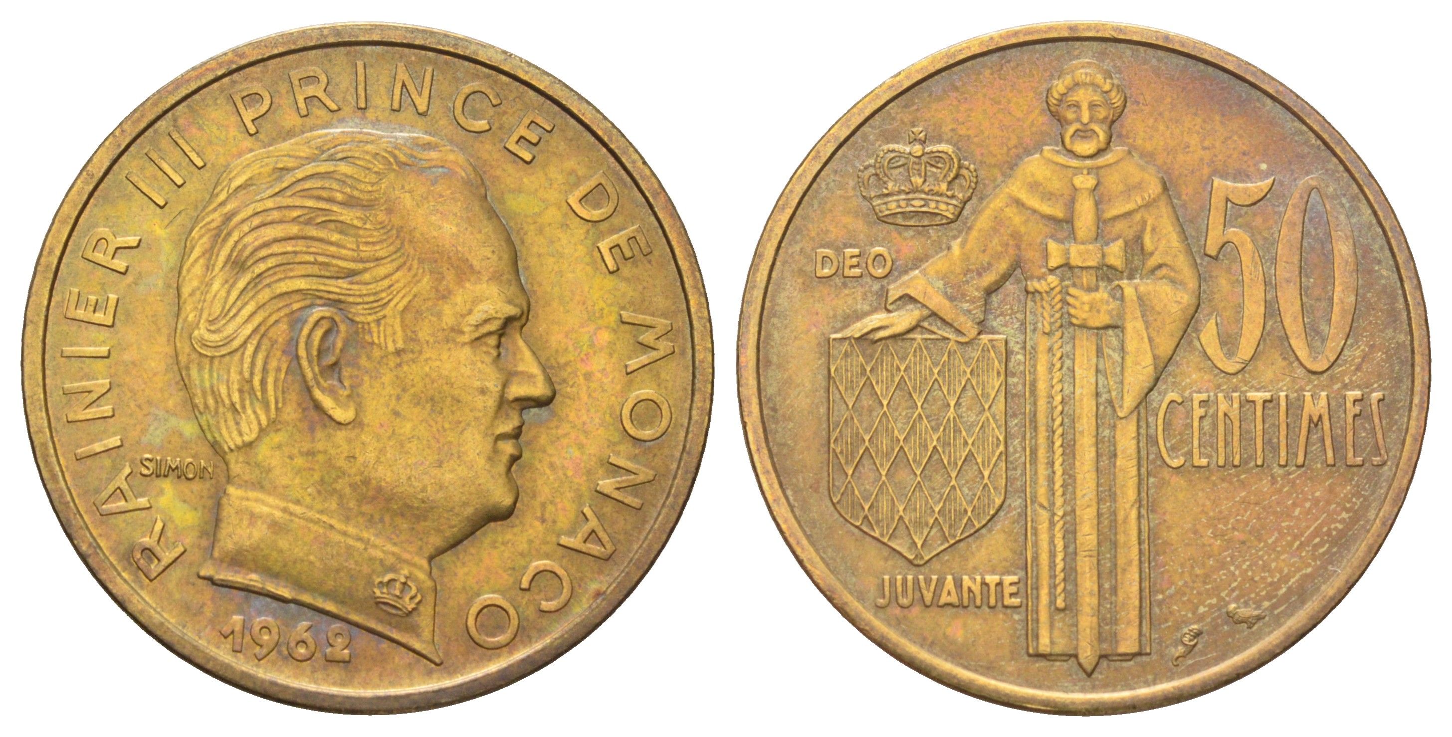 Монако 50 сантимов 1962 Ренье III (1949-2005), год-тип KM 144 медь алюминий никель 4127-1722