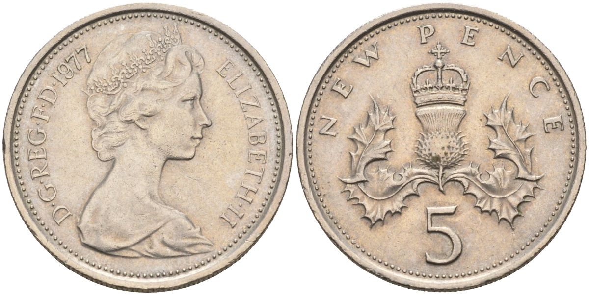 Великобритания 5 пенсов 1977 Елизавета II (1952-2022) KM 911, Spink 4233 (D1) медно-никель 4116-811