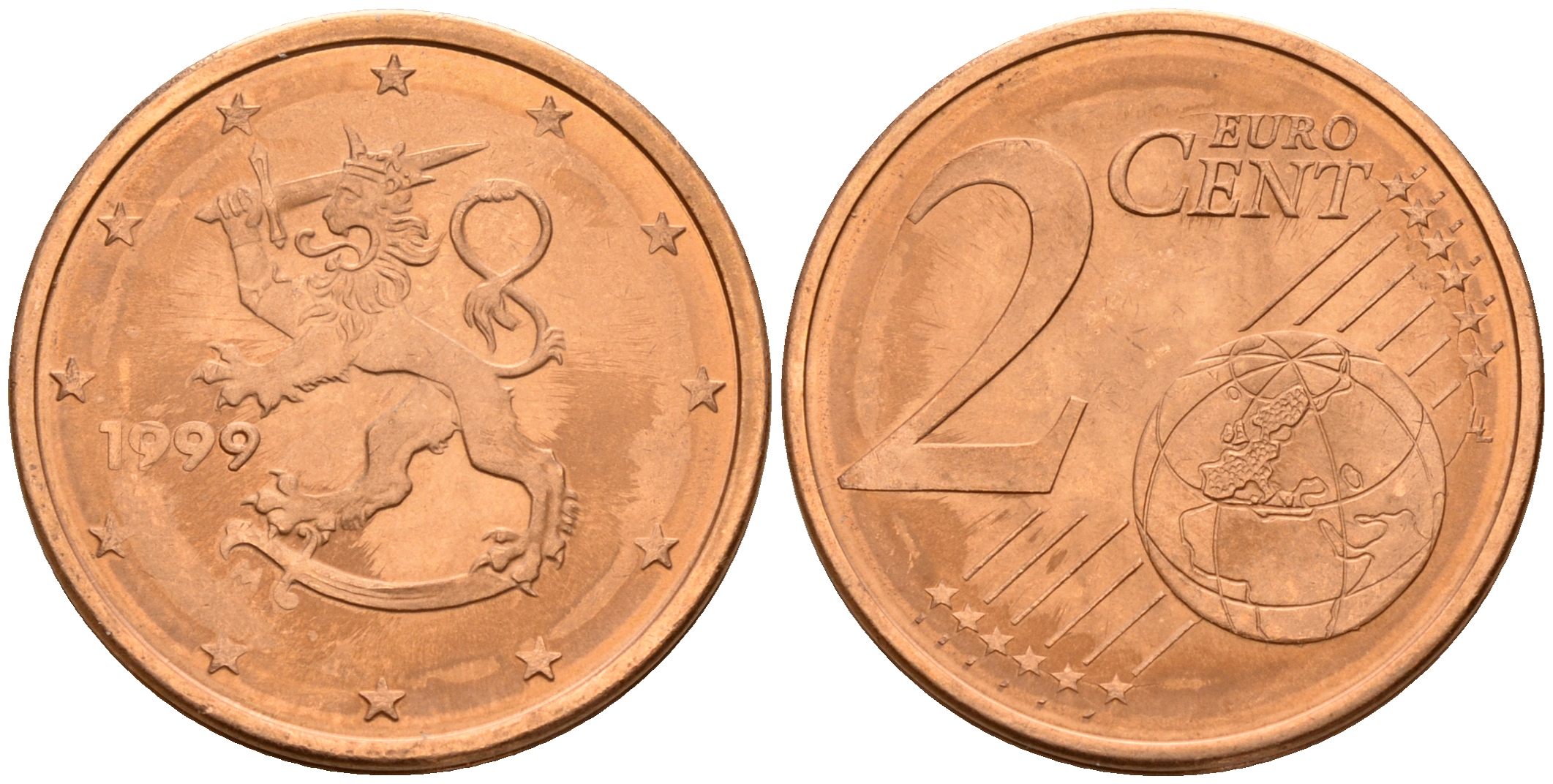 Финляндия 2 евроцента 1999  KM 99 сталь плакированная медью  UNC  4160-328