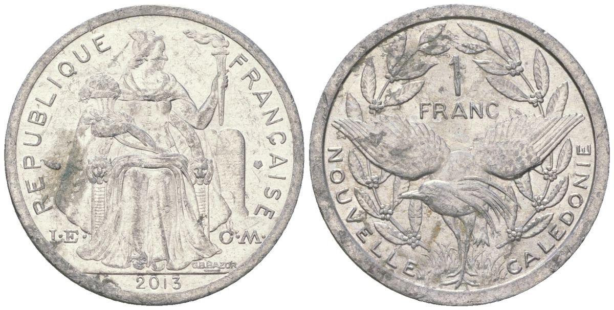 Французская Новая Каледония 1 франк 2013 птица кагу, (IEOM) KM 10, Schoen 10 алюминий 31-927