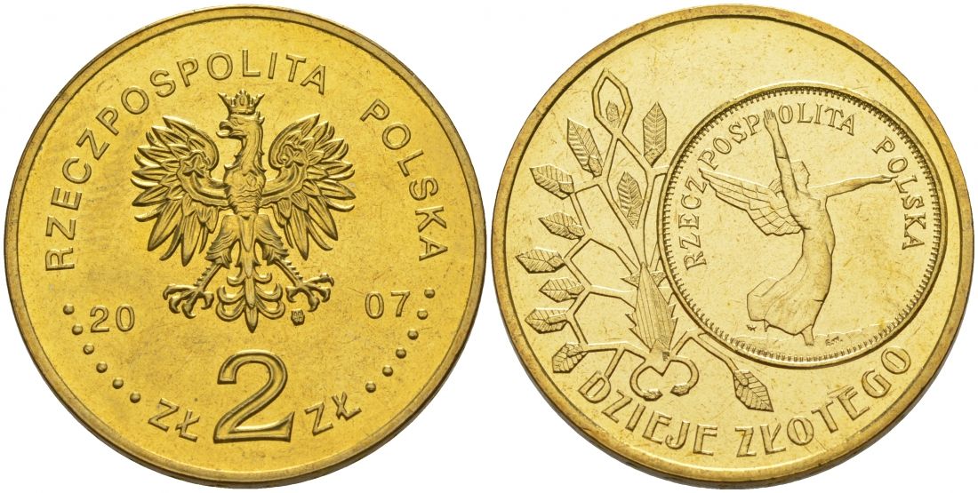 Польша 2 злотых 2007 MW, серия история польского злотого, Ника KM 592 нордик UNC 4676-434