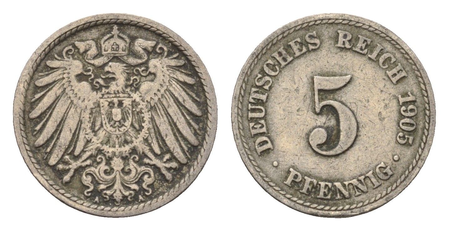 Германия 5 пфеннигов 1905 A KM 11, J. 12 медно-никель 4696-625