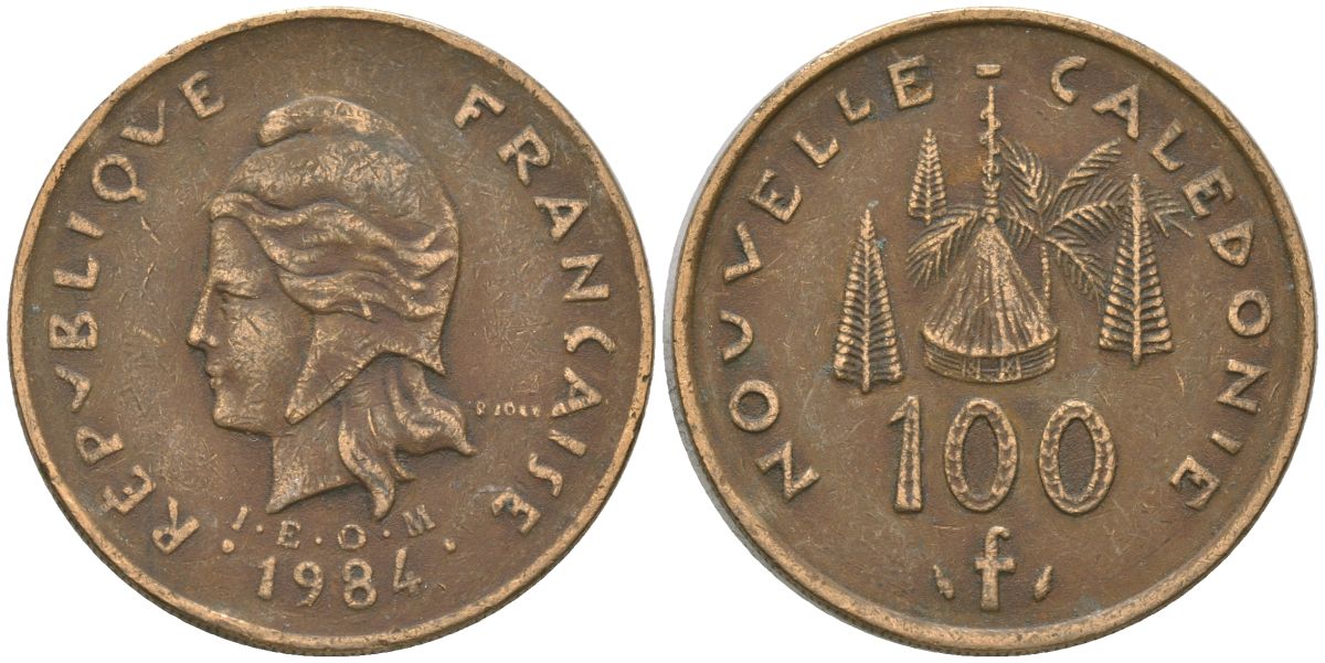 Французская Новая Каледония 100 франков 1984 хижина среди сосен и пальм, (IEOM) KM 15, Schoen 16, Lec 134 никель латунь 4137-731