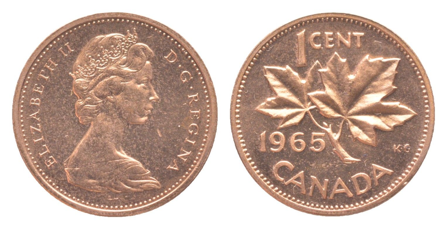 Канада 1 цент 1965 Елизавета II (1952-2022), кленовый лист KM 59 бронза PROOF-LIKE (BU) 4639-327
