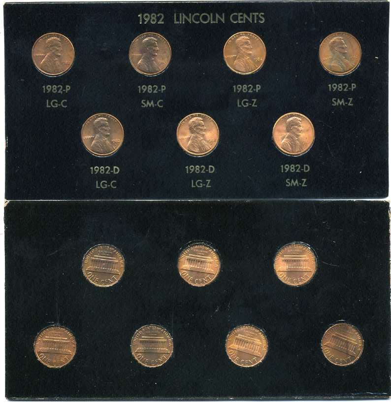 США НАБОР ИЗ 7 МОНЕТ ПО 1 ЦЕНТУ 1982 В БУКЛЕТЕ, ЛИНКОЛЬН ЦЕНТ, РАЗНОВИДНОСТИ МОНЕТНЫХ ДВОРОВ ДЕНВЕРА И ФИЛАДЕЛЬФИИ UNC 5-4-3-92