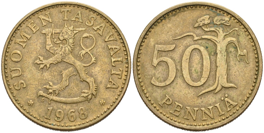 ФИНЛЯНДИЯ 50 ПЕННИ 1968 S KM 48 алюминиевая бронза 4563-421