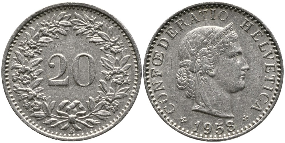 ШВЕЙЦАРИЯ 20 РАППЕНОВ 1958 В KM 29а медно-никель 4539-557