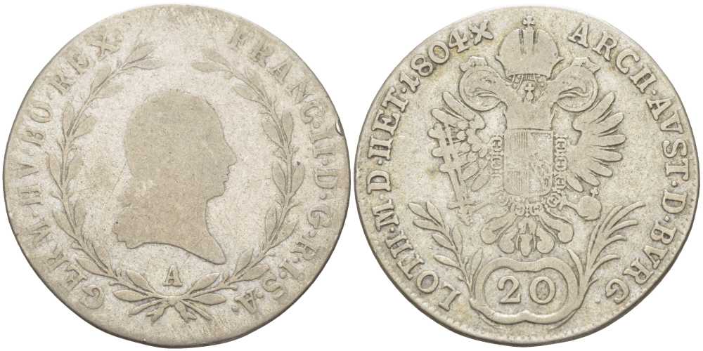 АВСТРИЯ 20 КРЕЙЦЕРОВ 1804 А, ФРАНЦ II (1792-1835) KM 2139 серебро 61-1156