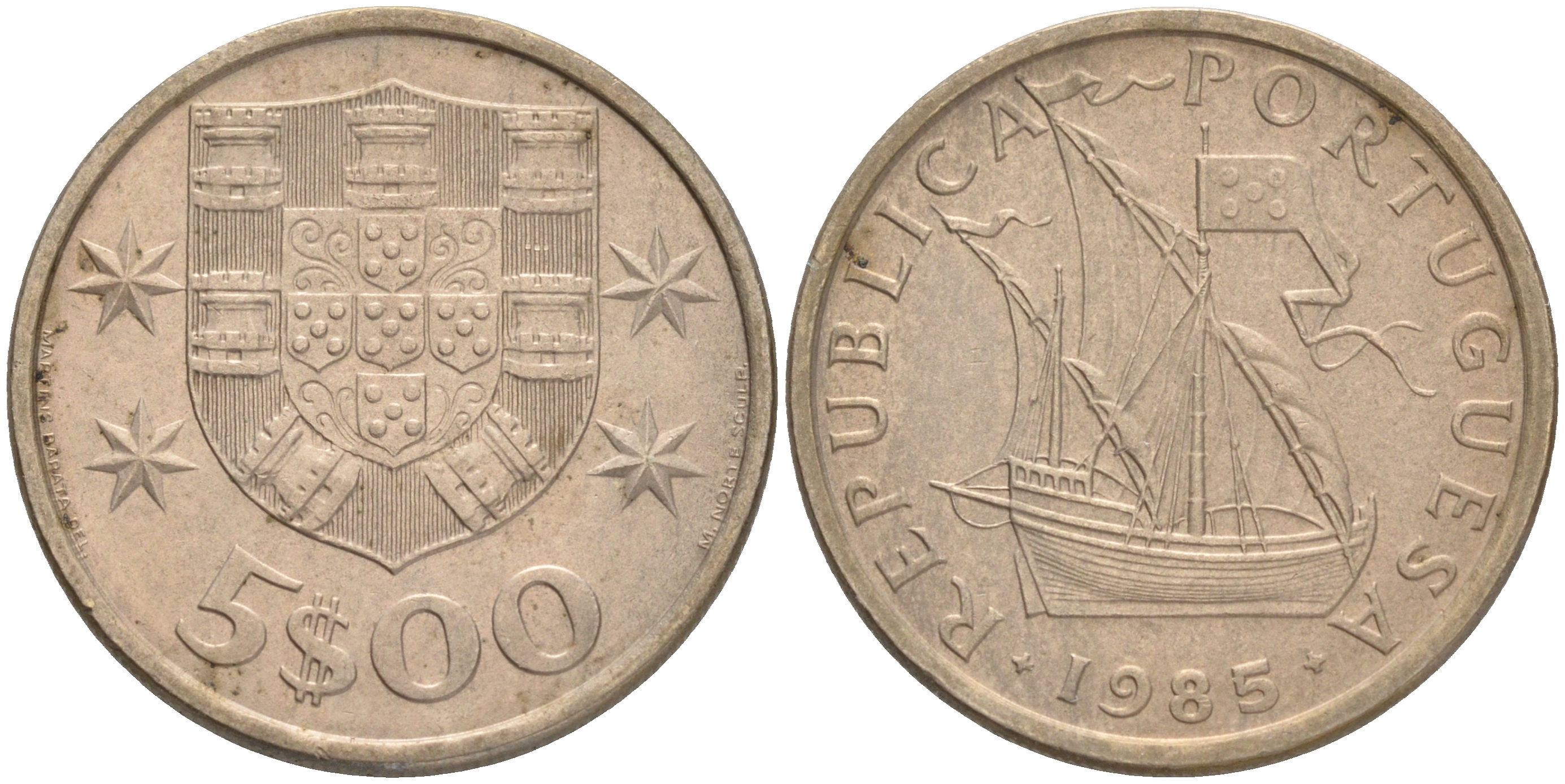 Португалия 5 эскудо 1985 парусник KM 591 медно-никель 4561-754