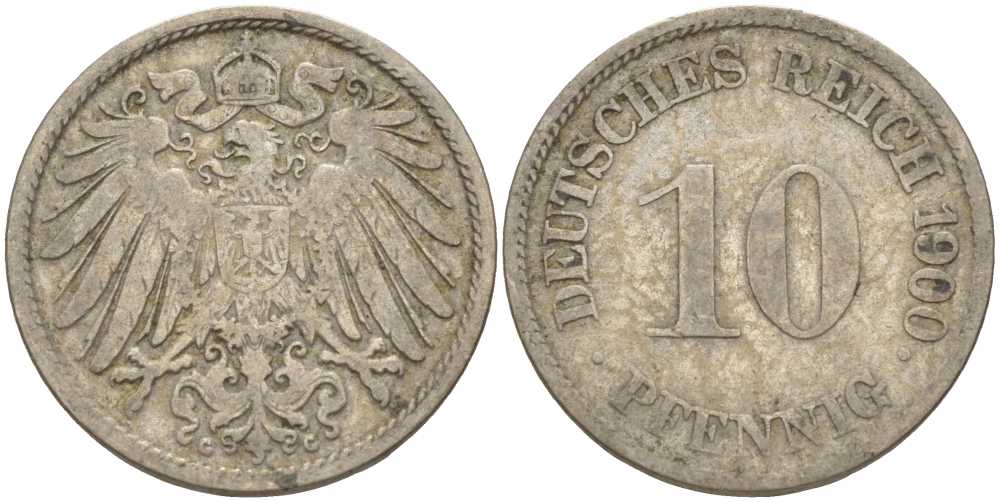 ГЕРМАНИЯ 10 ПФЕННИГОВ 1900 G KM 12, J. 13 медно-никель 4401-1151