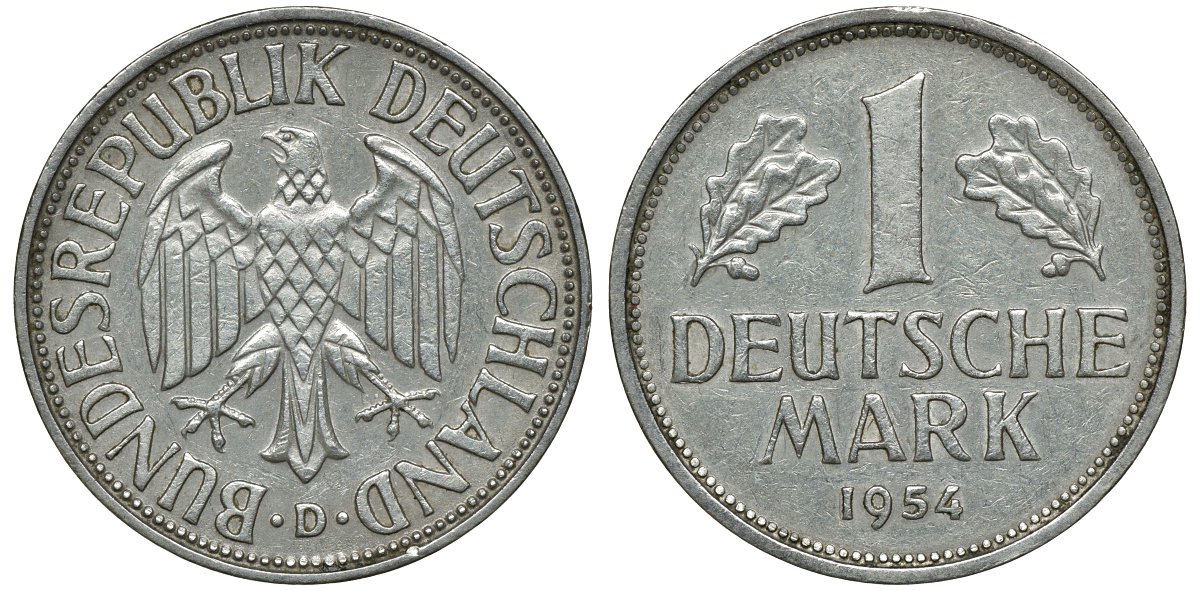 ФРГ 1 МАРКА 1954 D KM 110, J. 385 медно-никель 72-624