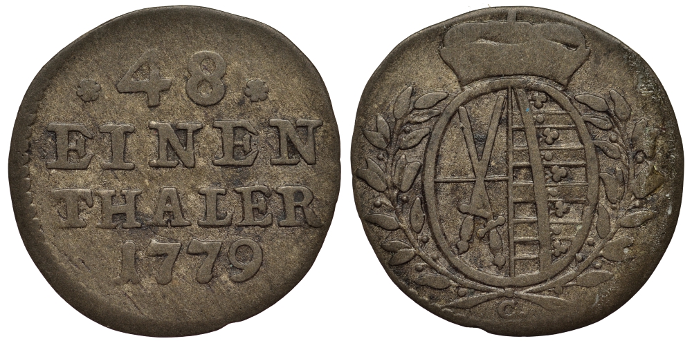 Саксония, Альбертинская линия 1/48 талера 1779 Фридрих Август III (1763-1806), из коллекции Gerhart Rother KM 966, Merseb. 2015 серебро 413-6541