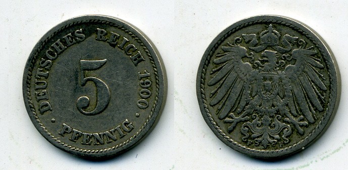 ГЕРМАНИЯ 5 ПФЕННИГОВ 1900 F, KM 11, J. 12 медно-никель 58-1152
