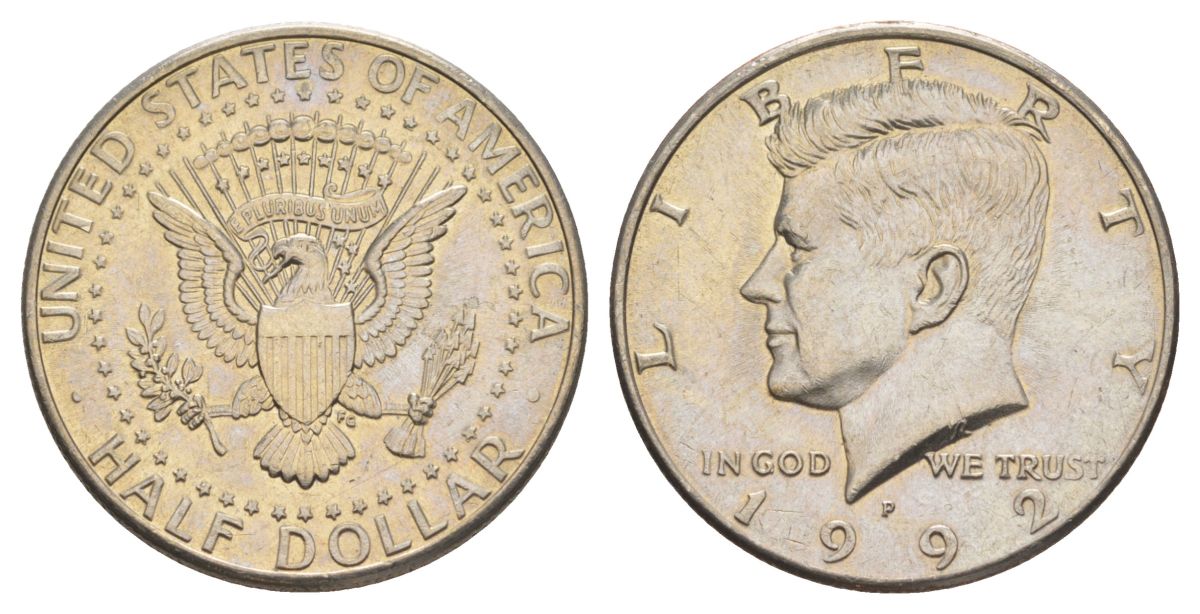 США 1/2 доллара (50 центов) 1992 P, Джон Кеннеди KM A202b медь плакированная медно-никелем aUNC 4517-626