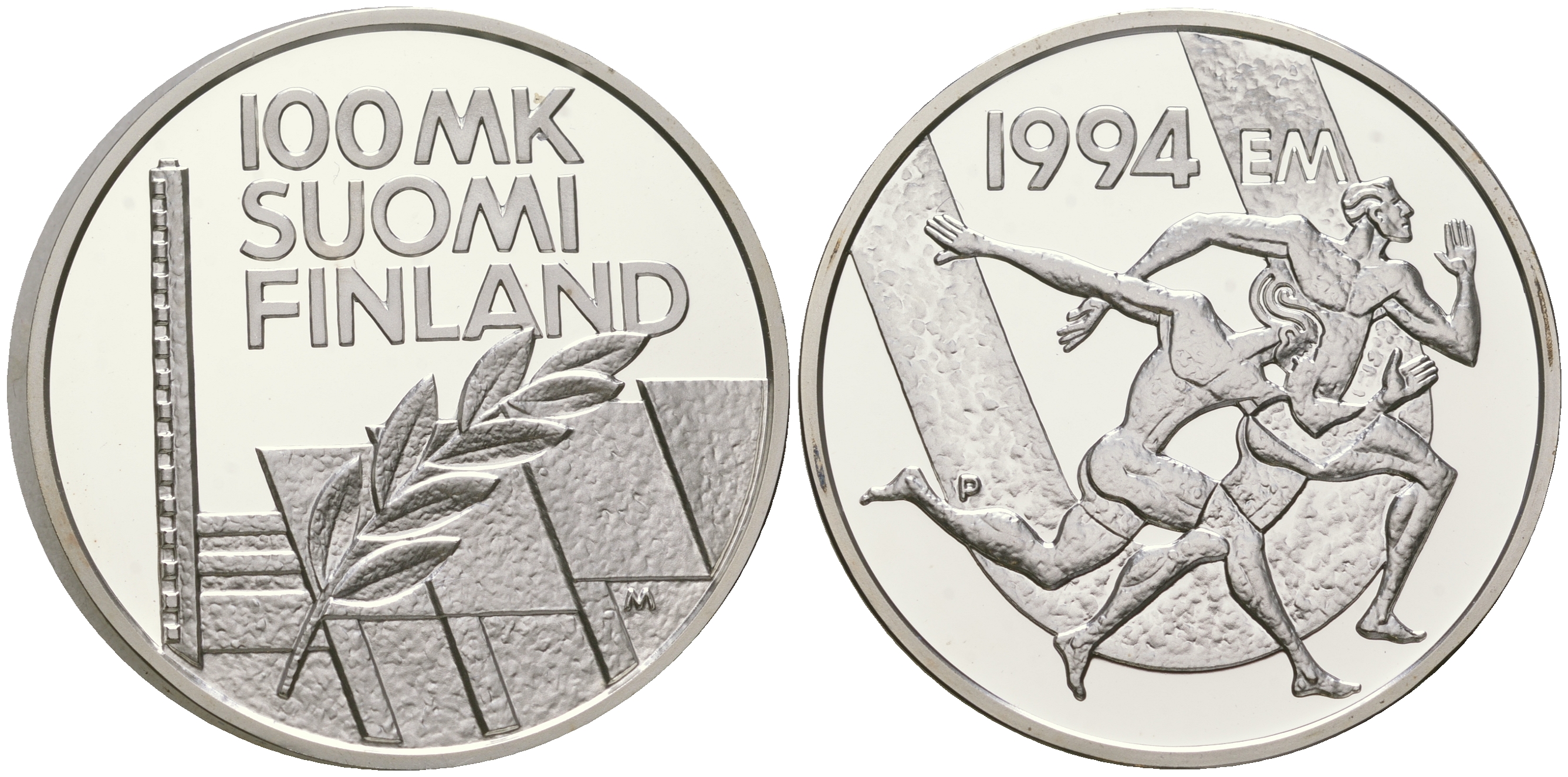 Финляндия 100 марок 1994 стадион дружбы, бег KM 78 серебро  PROOF  1095-1-11