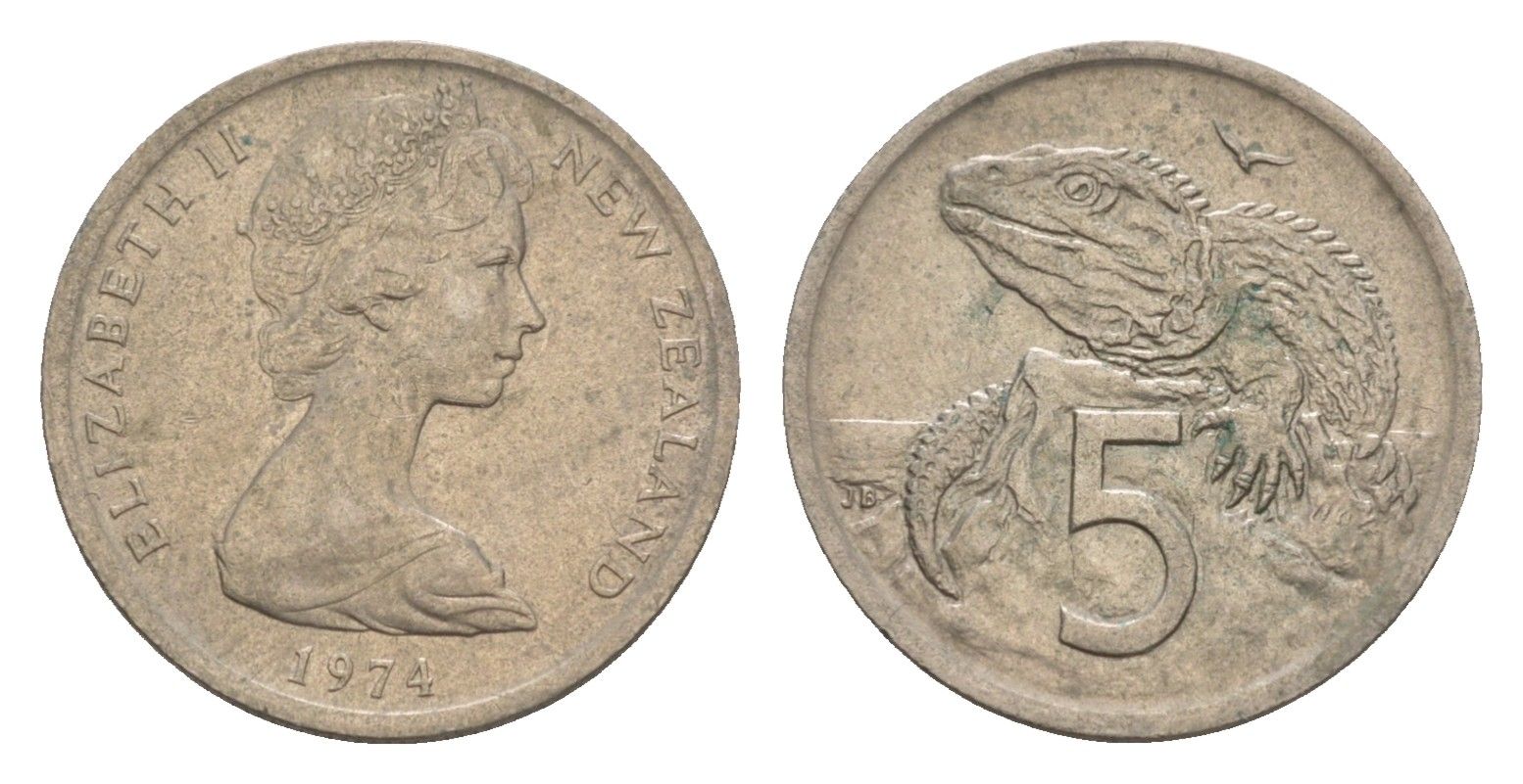 Новая Зеландия 5 центов 1974 Елизавета II (1952-2022), ящерица гаттерия KM 34.1 медно-никель 4655-1156