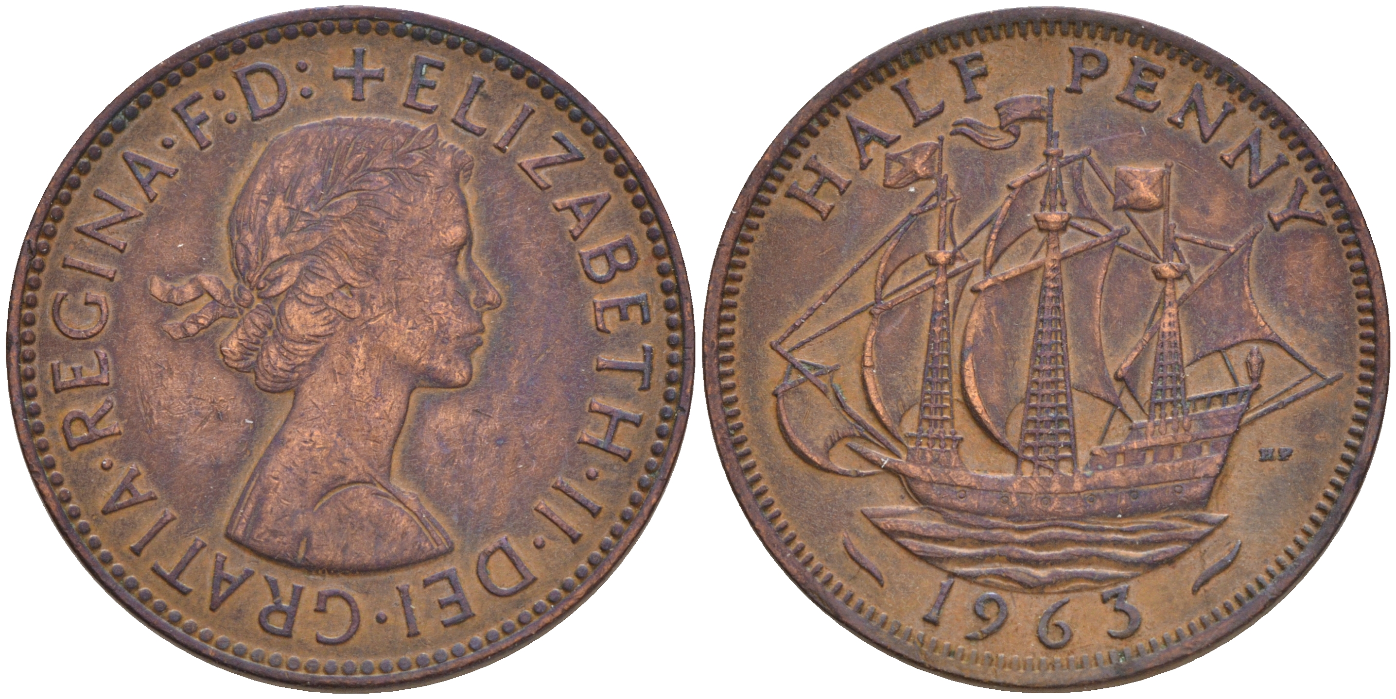 Великобритания 1/2 пенни 1963 Елизавета II (1952-2022) KM 896, Spink 4158 бронза 4561-534