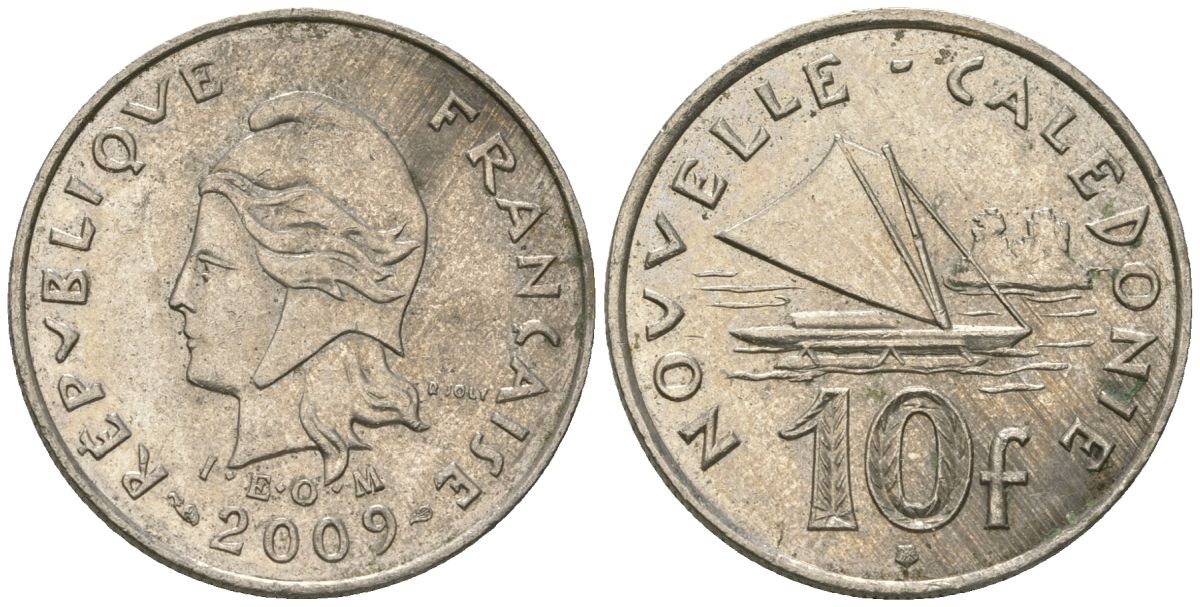 Французская Новая Каледония 10 франков 2009 рыбачья парусная лодка, (IEOM) KM 11a, Schoen 13a, Lec 99k медно-никель 60-1347