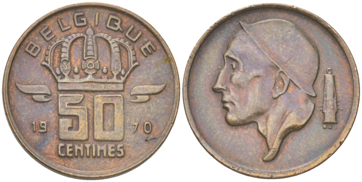 Бельгия 50 сантимов 1970 Belgique, Бодуэн I (1951-1993) KM 148 бронза 4613-852