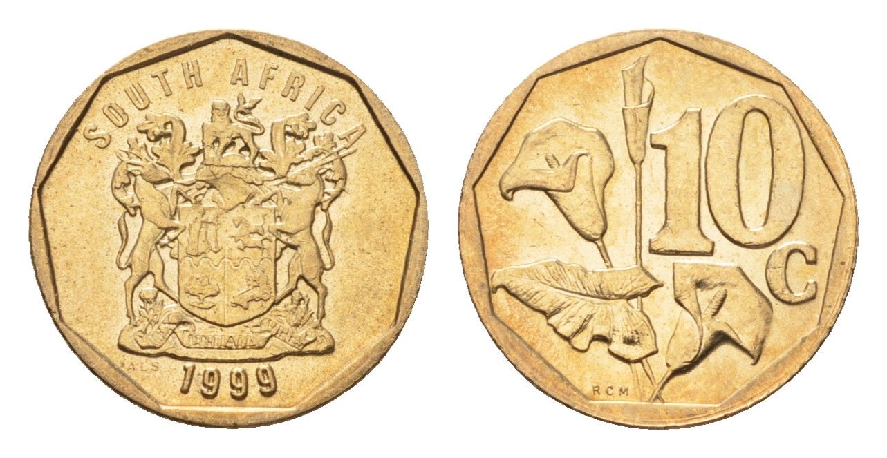 ЮАР 10 центов 1999 герб, цветок алоэ KM 161 сталь плакированная бронзой UNC 4694-752