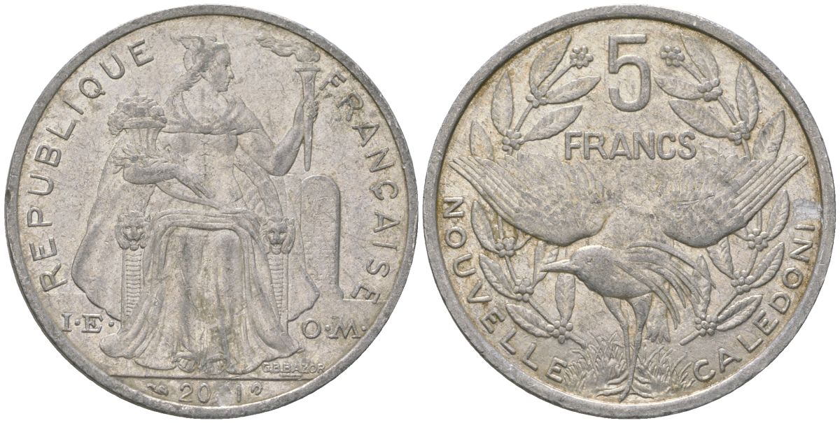 Французская Новая Каледония 5 франков 2011 птица кагу, (IEOM) KM 16, Schoen 12, Lec 81k алюминий 4111-734