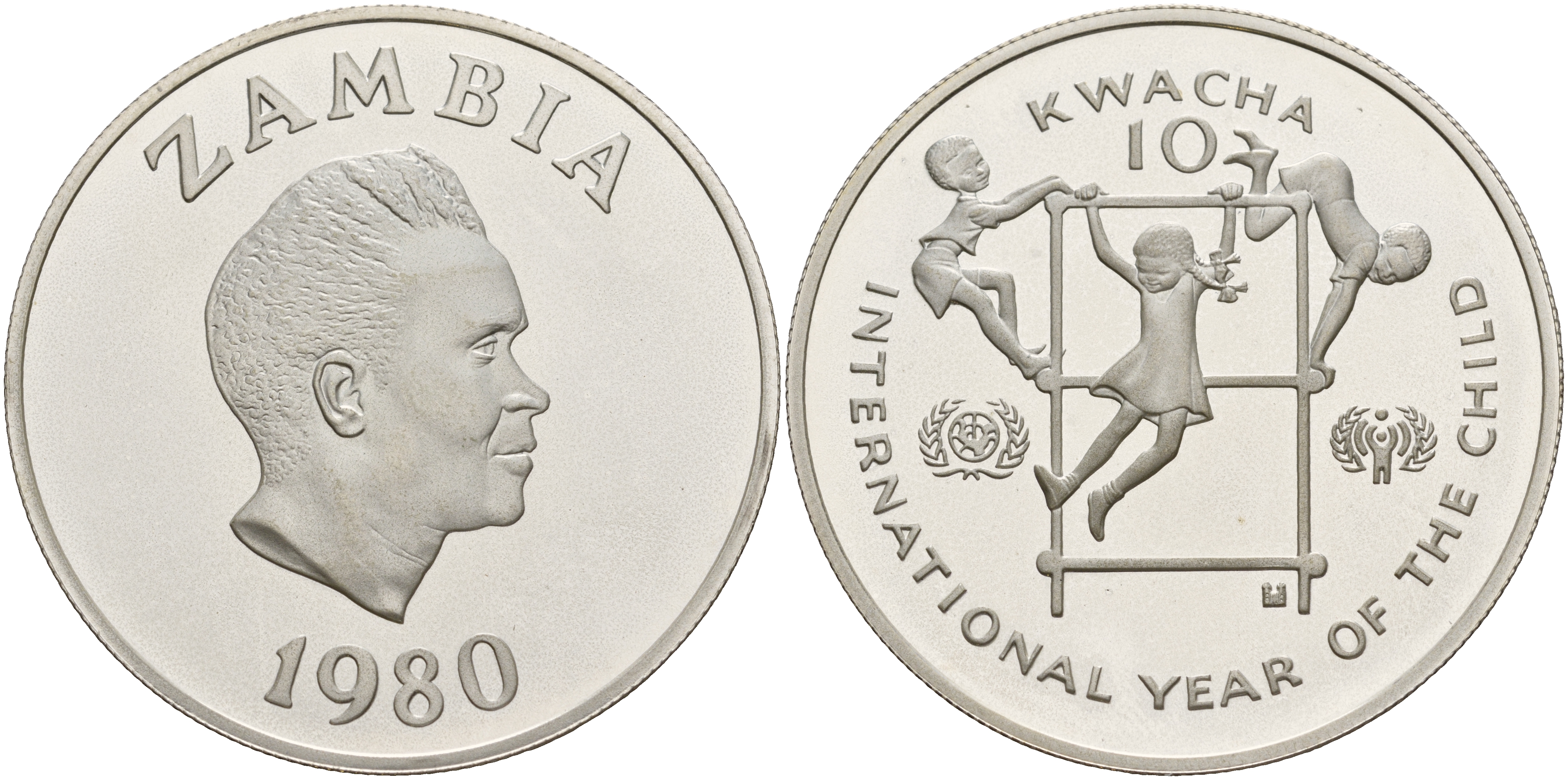 Замбия 10 квача 1980 международный год детей, президент Каунда KM 21 серебро PROOF 11-315-13
