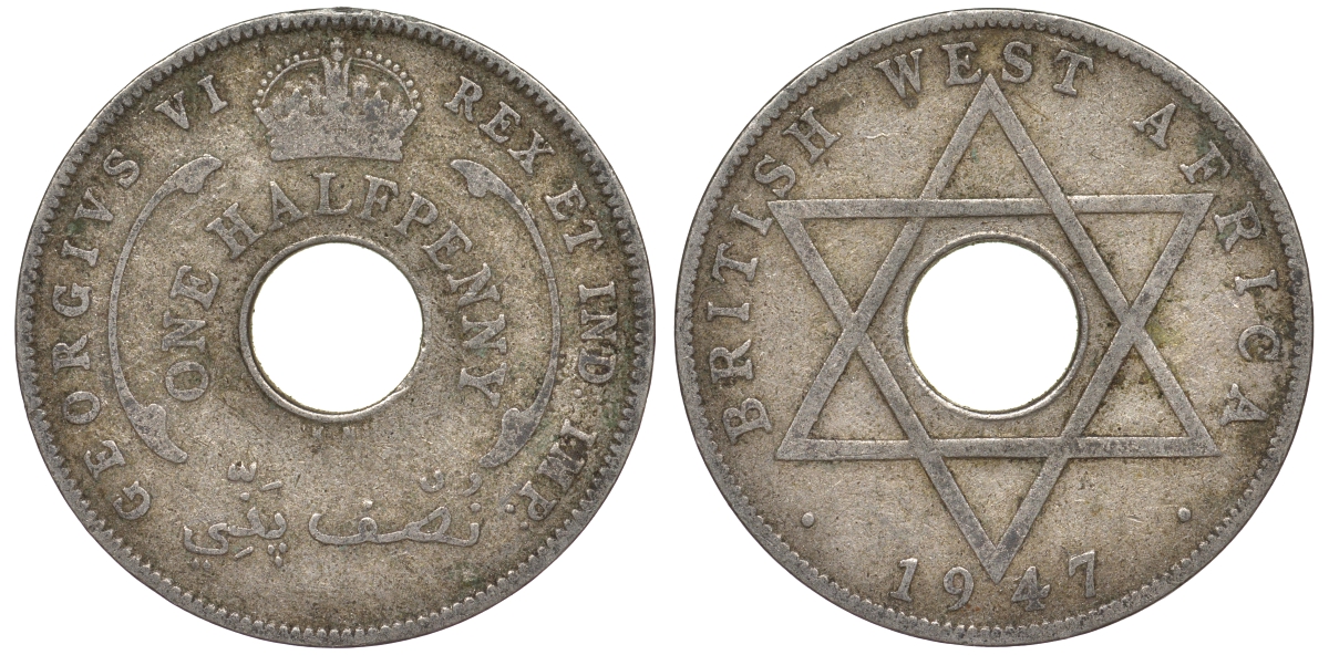 Британская Западная Африка 1/2 пенни 1947 KN, Георг VI KM 18 медно-никель 25-1434