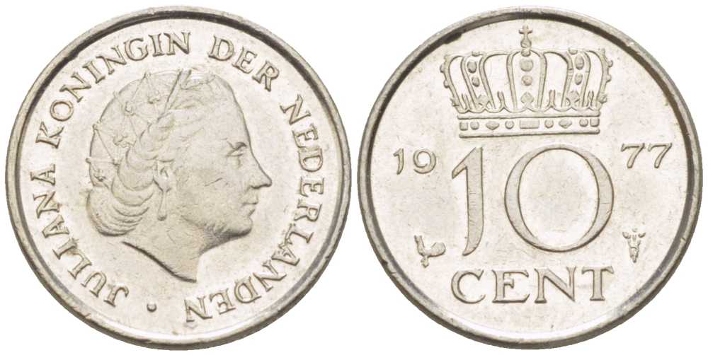 НИДЕРЛАНДЫ 10 ЦЕНТОВ 1977 ЮЛИАНА (1948-1980) KM 182 никель 211-1225