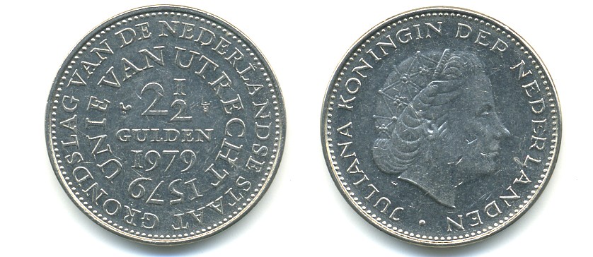 Нидерланды 2 1/2 гульдена 1979 400 лет Утрехтскому союзу, Юлиана (1949-1980) KM 197 никель 84-1216