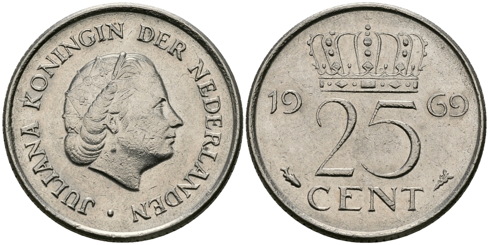 Нидерланды 25 центов 1969 Юлиана (1948-1980) KM 183 никель 96-214