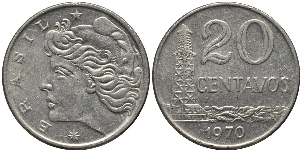 Бразилия 20 сентаво 1970 голова Свободы влево KM 579.2, Schon 84a медно-никель 4577-623