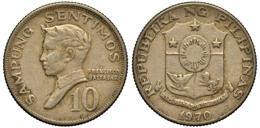 ФИЛИППИНЫ 10 СЕНТИМО 1970 ПОЭТ ФРАНСИСКО БАЛЬТАСАР KM 198 медь цинк никель VG 4181-251