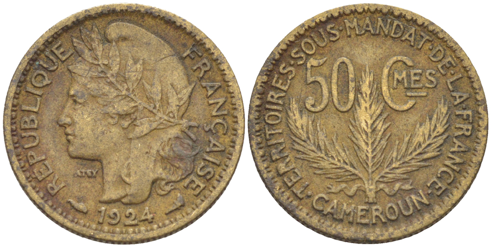 Французский Камерун 50 сантимов 1924 (а), монетный двор Париж KM 1 алюминиевая бронза 72-1154