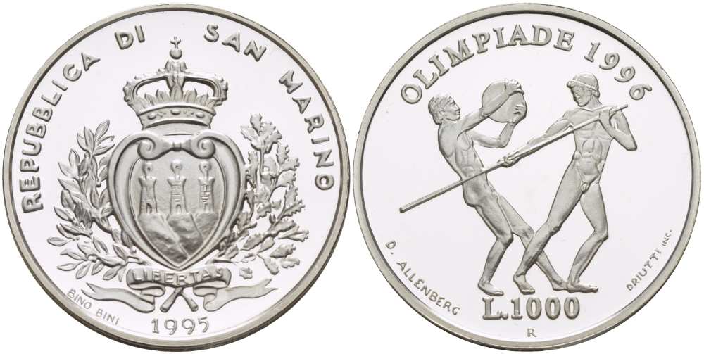 Сан-Марино 1000 лир 1995 XXVI летние Олимпийские игры в Атланте 1996 года, копьеметатель и дискобол KM 332 серебро PROOF 1074-10-52