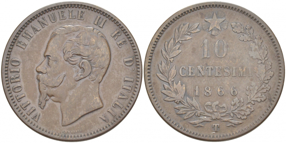 ИТАЛИЯ 10 ЧЕНТЕЗИМО 1866 T, ВИКТОР ЭММАНУИЛ II (1861-1878) KM 11.6 медь 51-4244