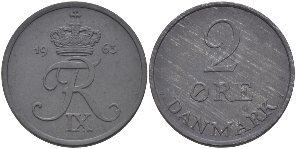 ДАНИЯ 2 ЭРЕ 1963 C; S, ФРЕДЕРИК IX (1947-1972) KM 840.2 цинк UNC 28-351