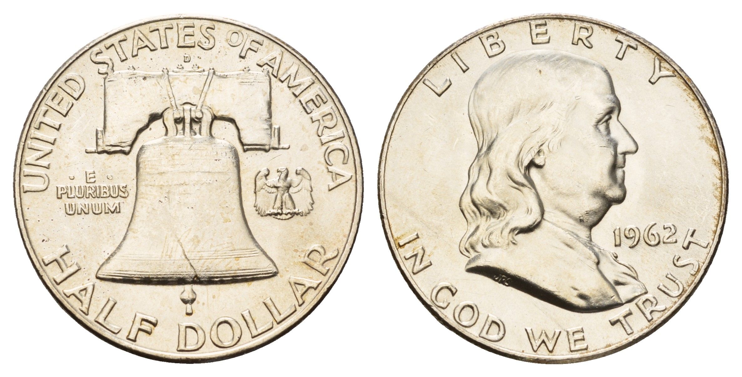 США 1/2 доллара (50 центов) 1962 D, Бенджамин Франклин, колокол KM 199 серебро aUNC 1527-341