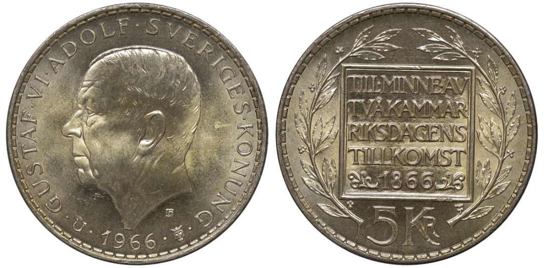 Швеция 5 крон 1966 U, 100 лет конституционной реформе Густав VI Адольф (1950-1973) KM 839 серебро UNC 4552-625