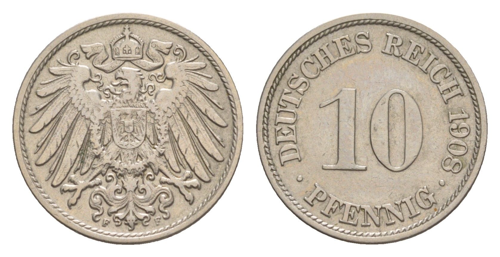 Германия 10 пфеннигов 1908 F, Вильгельм II (1888-1918) KM 12, J. 13 медно-никель 4640-315