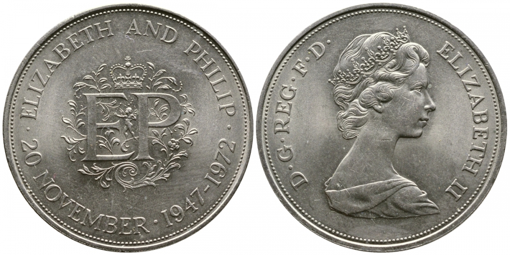 Великобритания 25 пенсов 1972 25 лет со дня свадьбы Елизавтеы II И Филлипа (1947-1972, серебрянная свадьба), Елизавета II (1952-2022) KM 917, Spink 4226 медно-никель UNC 4527-833
