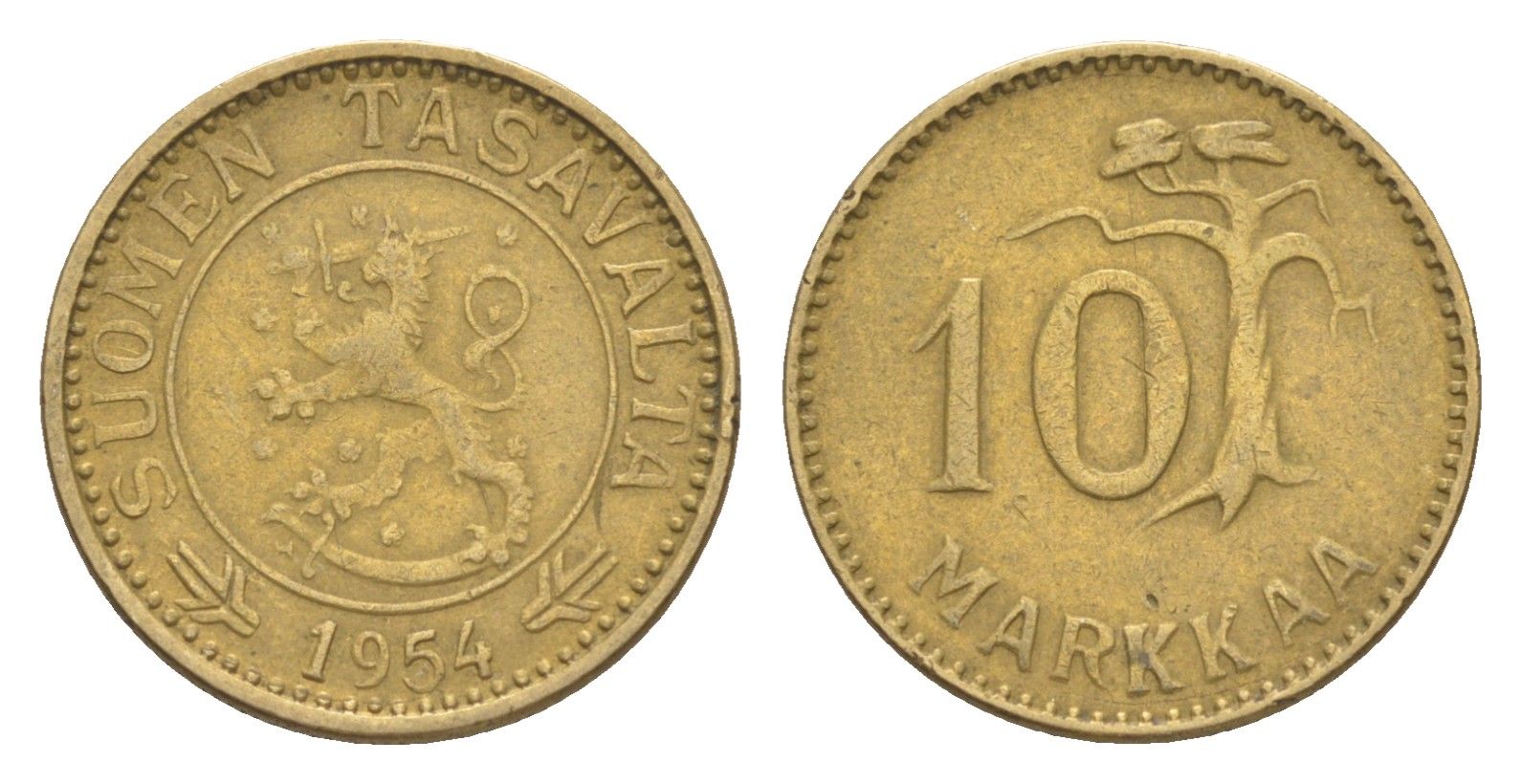 Финляндия 10 марок 1954 KM 38 алюминиевая бронза 4647-451