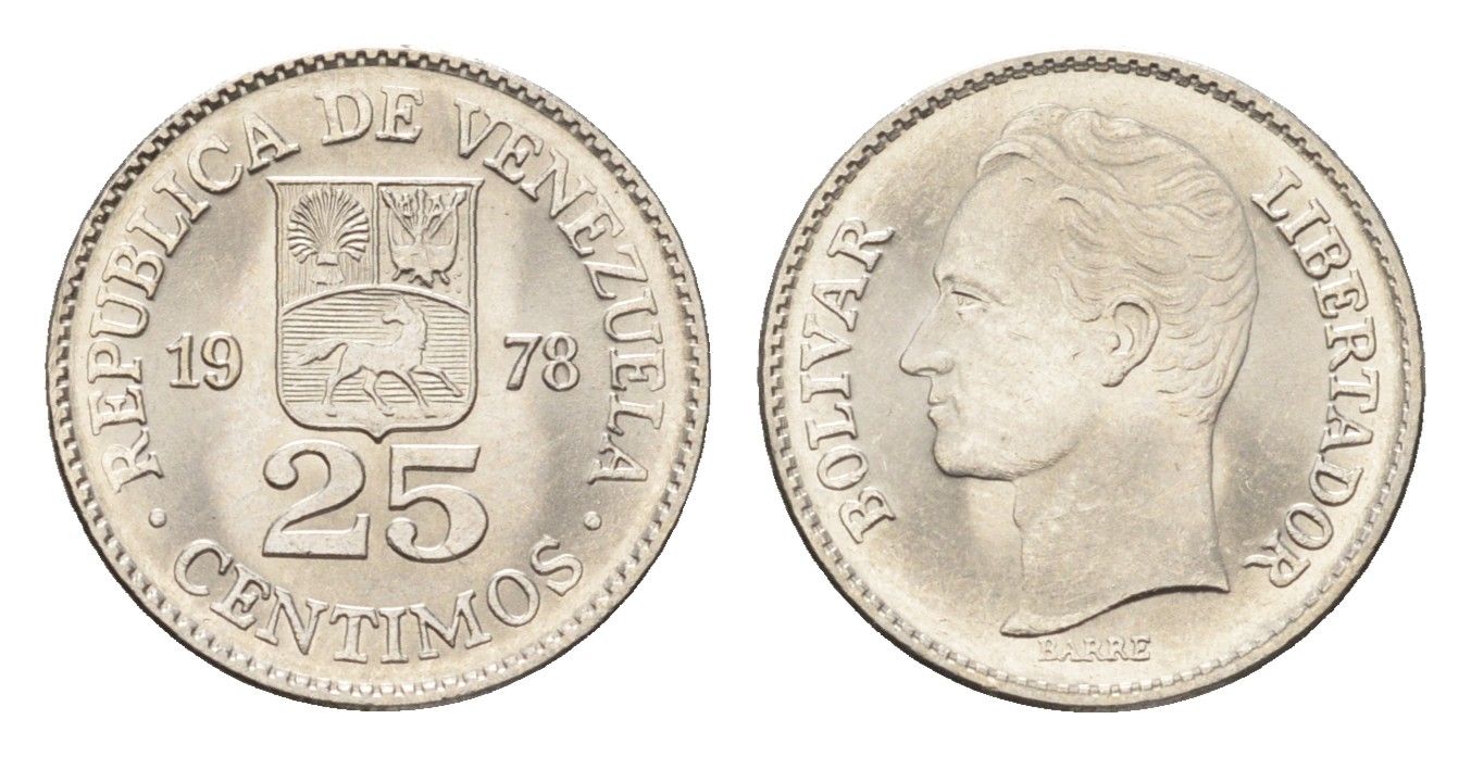 Венесуэла 25 сентимо 1978 Симон Боливар Y 50 никель UNC 4668-1033