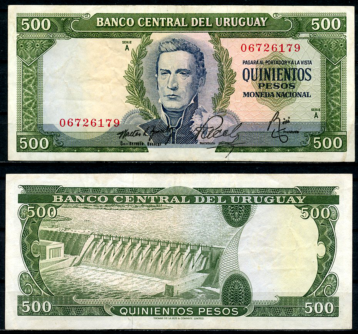 Уругвай 500 песо ND (1967) Хосе Хервасио Артигас, плотина ГЭС с водохранилищем Ринкон-дель-Монте на Рио-Негро, номер 067 Pick 48 a (4)  бумага   444-121-3-2