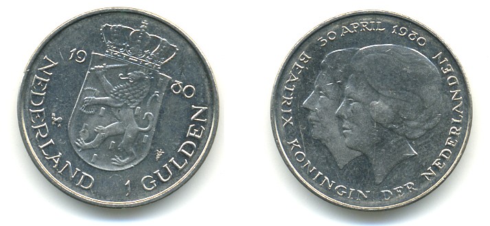 Нидерланды 1 гульден 1980 на коронацию Беатрикс, 30 апреля 1980 KM 200 никель 84-1023