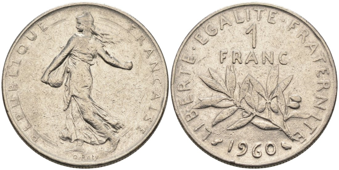 ФРАНЦИЯ 1 ФРАНК 1960 СЕЯТЕЛЬ КМ 925.1, LE FRANC 226.4 никель 4573-226