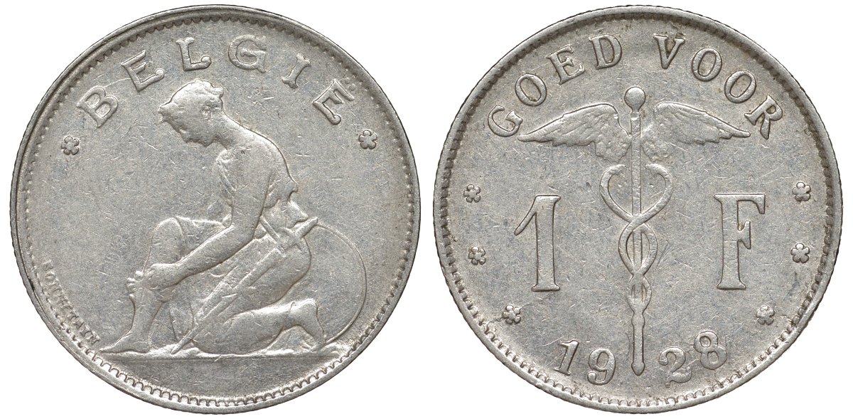 Бельгия 1 франк 1928 Belgie KM 90 никель 51-1742