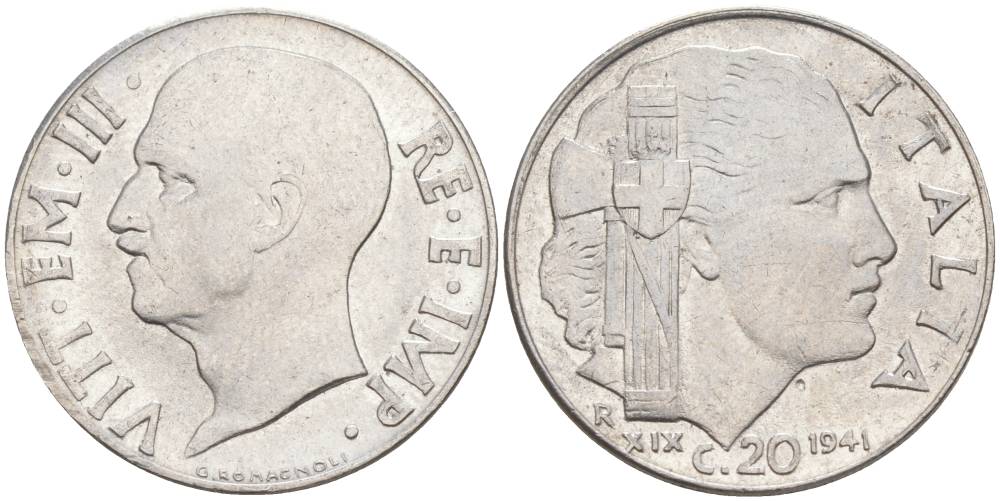 ИТАЛИЯ 20 ЧЕНТЕЗИМО 1941 R, ГОД XIX, ВИКТОР ЭММАНУИЛ III (1900-1946) KM 75b, VEM3. 1028 нержавеющая сталь 3853-1026
